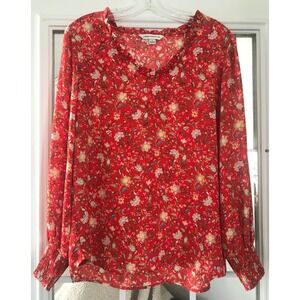 Counterparts Red Floral‎ Print Ruffle Neck Long Sleeve Blouse Women's Size L